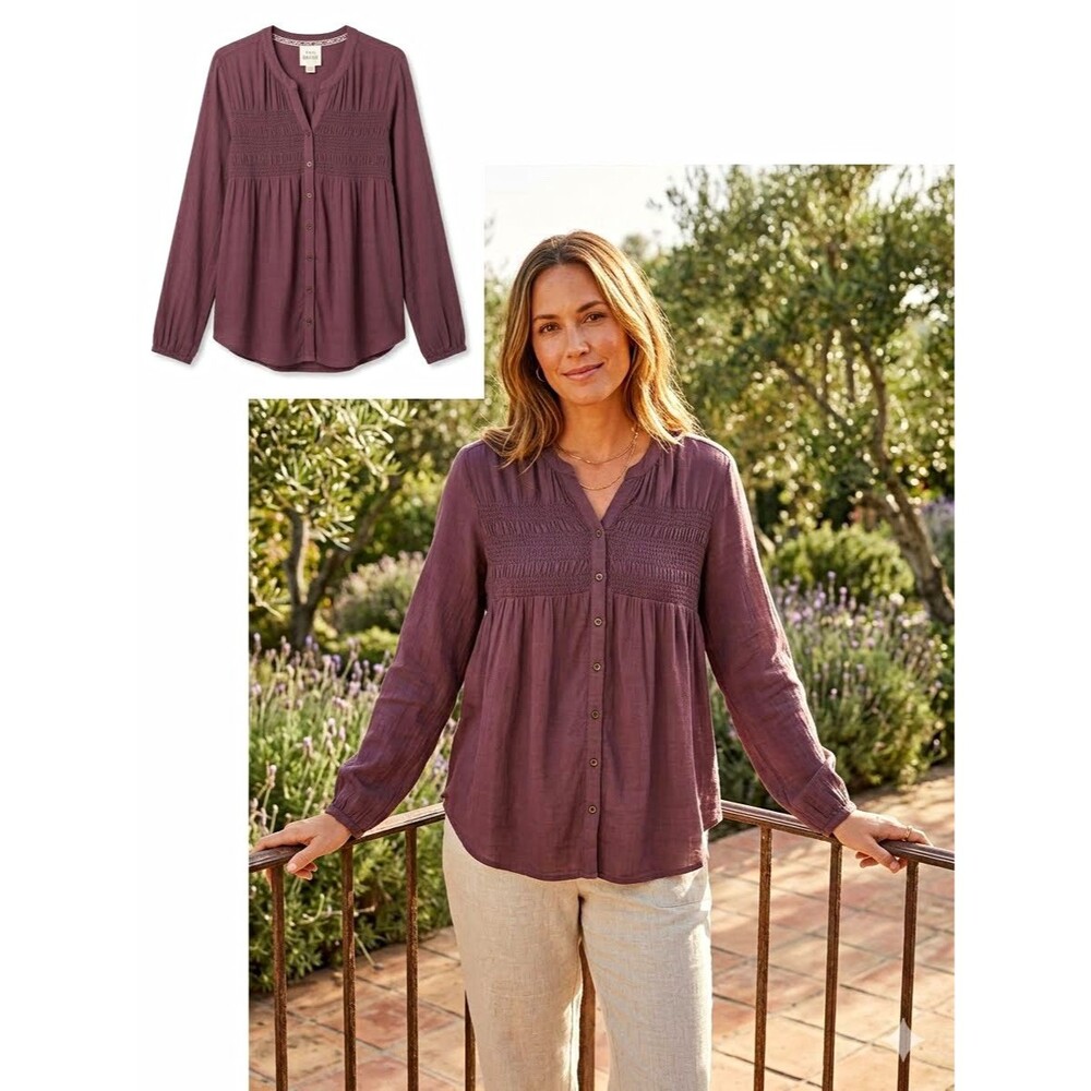 Knox Rose Women’s XL Purple V-Neck Smocked Button Front Long Sleeve Blouse